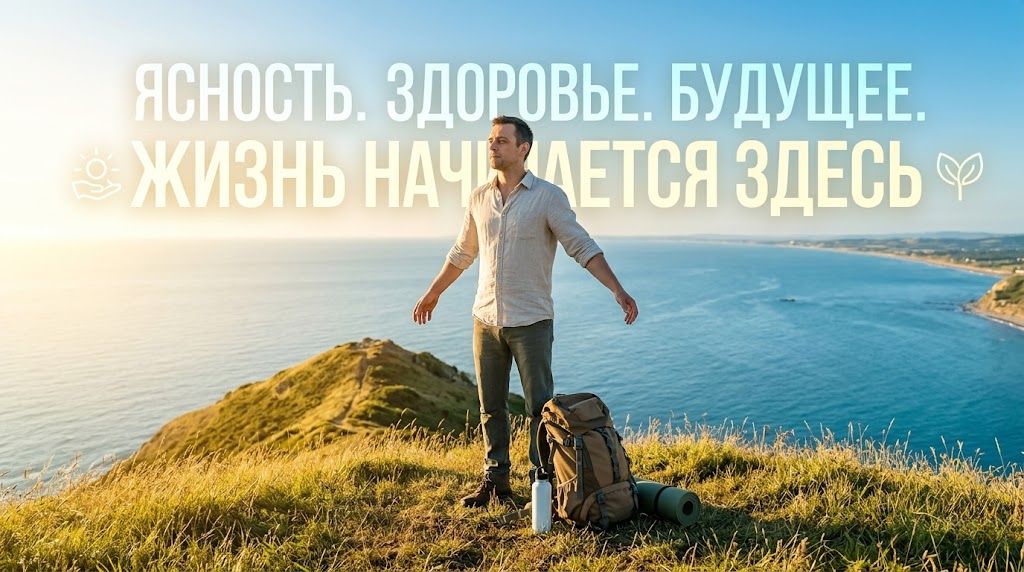 Жизнь начинается здесь: ясность и здоровье после реабилитации от алкоголя. Мужчина с рюкзаком на вершине холма у моря, символизирующий восстановление и ясность жизни после алкоголя.