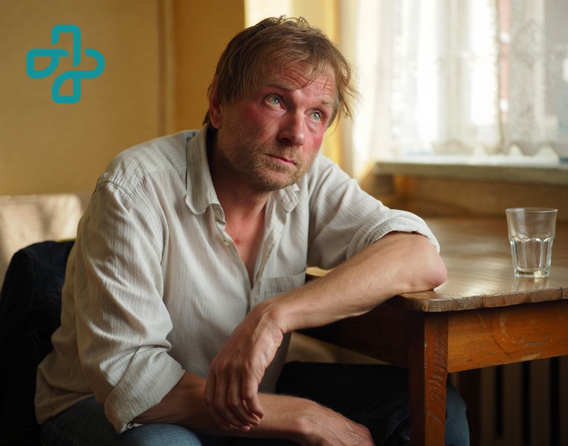 Снятие алкогольной интоксикации в Красноярске круглосуточно Мужчина сидит за столом в состоянии алкогольного опьянения